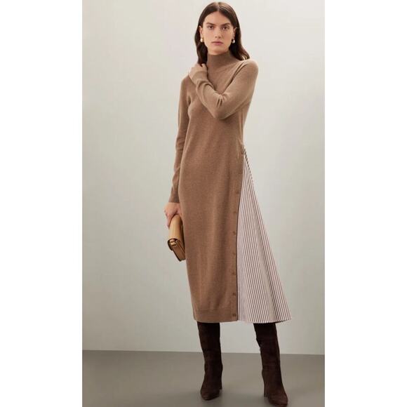 Naadam Wool Cashmere Sweater Dress Size M Tan Midi Asymmetric Hem New Money - Picture 1 of 16